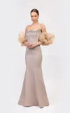 Odrella 7879 Fitted Prom Long Formal Beaded Evening Dress In Neutral