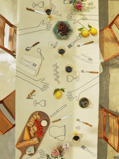 Oeuvres Sensibles 'a Lot Of Hands' Hand-embroidered Linen Rectangular Tablecloth  Abask Luxury Gift In Neutral