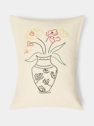 Oeuvres Sensibles Vase Hand-embroidered Cotton And Hemp Linen Cushion (15.5in/40cm)