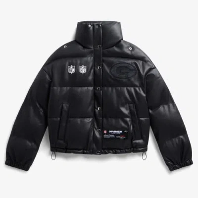 Off Season Black Green Bay Packers Faux Leather Puffer Jacket In Multi