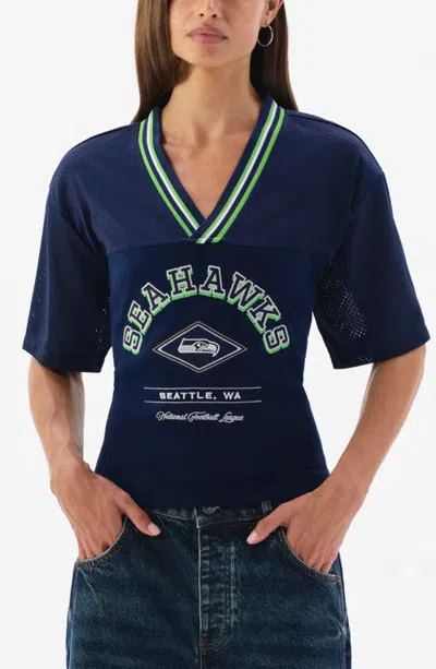 Off Season San Francisco 49ers Graphic V-neck Lace Back T-shirt In Blue