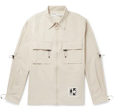 Pre-owned Off-white $900  Logo-print Cotton Blend Zip Up Shirt Gray Small In Ivory