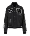 Off-white Logo Patch Leather Varsity Jacket In Black