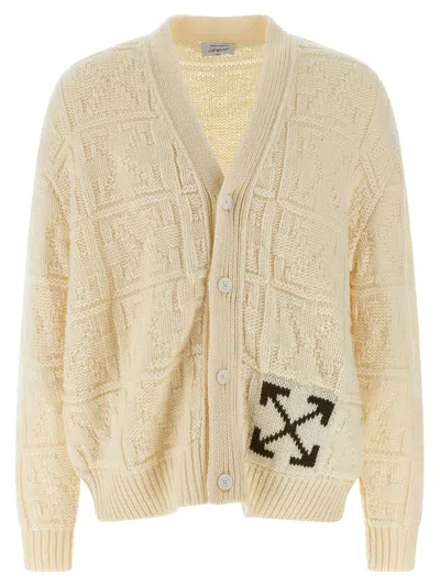 Off-white Ribbed Cuff And Hem Textured Knit Cardigan In White