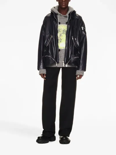 Off-white Arrow Multi-pocket Leather Zip Jacket In Blue