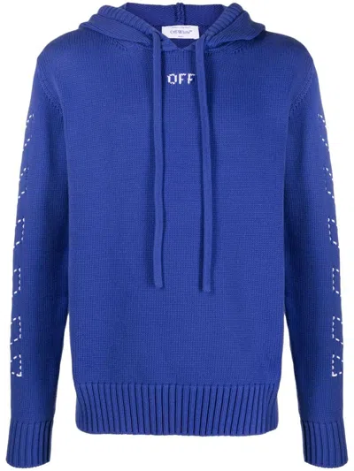 OFF-WHITE BLUE KNIT HOODIE WITH ARROWS EMBROIDERY AND DRAWSTRING HOOD FOR MEN