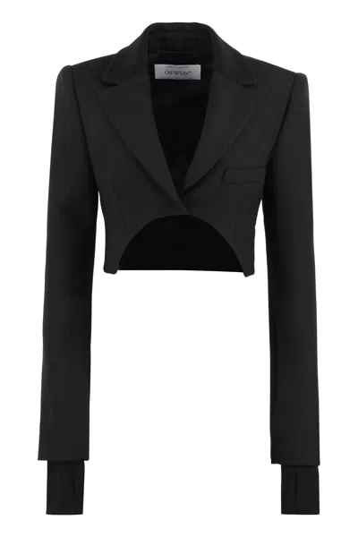 Off-white Asymmetrical Cropped Jacket In Black Wool Blend For Women