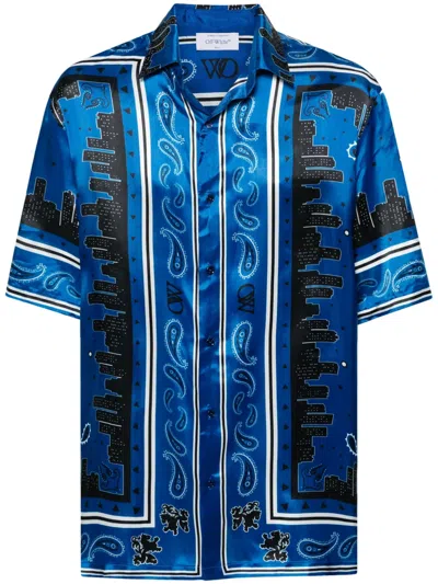 Off-white Bandana Short Sleeve Satin Button-up Bowling Shirt In Blue