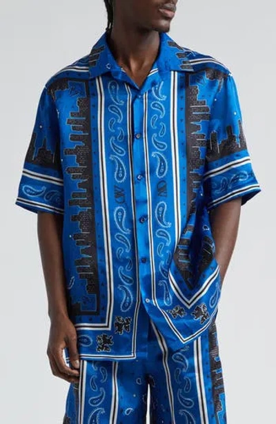 Off-white Bandana Short Sleeve Satin Button-up Bowling Shirt In Blue