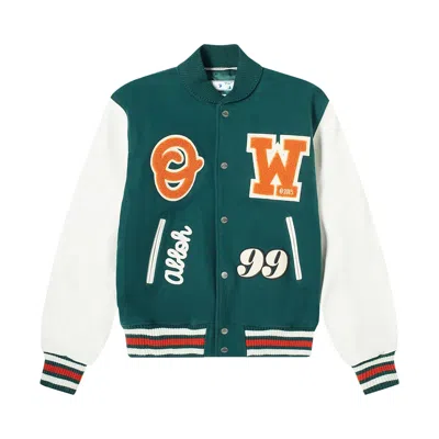 Pre-owned Off-white Barrel Leather Varsity Jacket 'green/orange' | Men's Size S