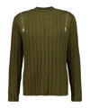Off-white Beech Brown White Ribbed Wool Jumper With Side Zips In Green