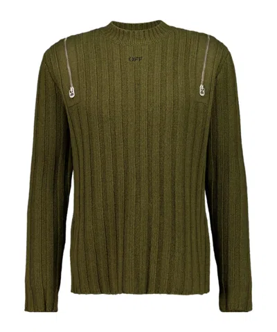 Off-white Beech Brown White Ribbed Wool Jumper With Side Zips In Green