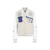 OFF-WHITE BEIGE LEATHER THUNDERBOLT VARSITY BOMBER JACKET