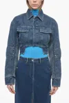 Off-white Cropped Denim Moto Jacket With Front Cutout In Blue