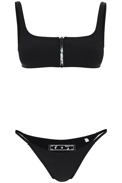 Off-white Bikini Set With Zip And Logo In Nero