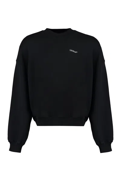OFF-WHITE BLACK COTTON CREW-NECK SWEATSHIRT FOR MEN WITH MAXI PRINT AND RIBBED EDGES