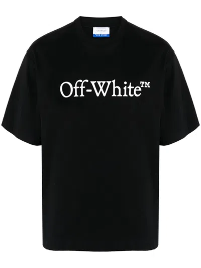 OFF-WHITE BLACK COTTON T-SHIRT WITH WHITE FRONT PRINTED LOGO.