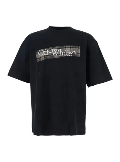 OFF-WHITE BLACK CREWNECK T-SHIRT WITH LOGO LETTERING ON THE FRONT AND MAXI DIAGONAL MOTIF ON THE REAR IN COTTO
