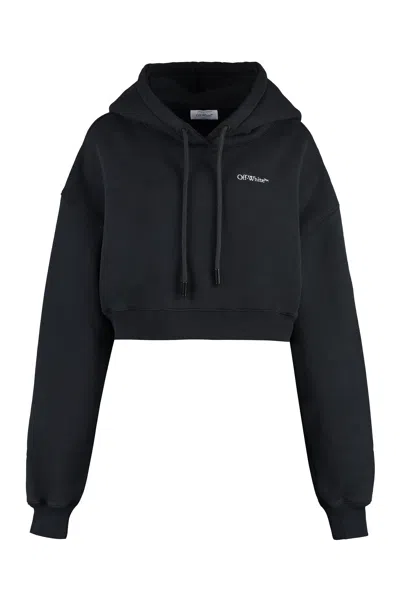 OFF-WHITE BLACK CROPPED HOODIE WITH RIBBED CUFFS AND LOWER EDGE FOR WOMEN