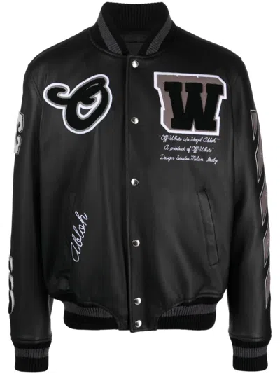 OFF-WHITE BLACK LEATHER BOMBER JACKET WITH PATCHES
