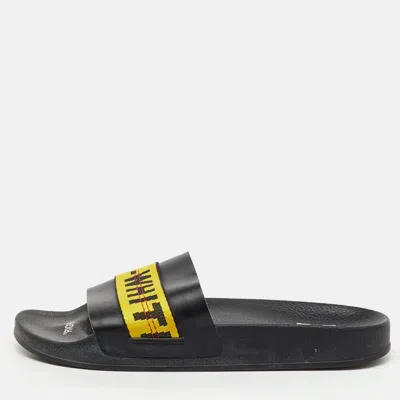 Off-white Black Leather Logo Canvas Industrial Flat Slides