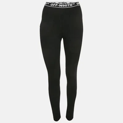 Pre-owned Off-white Black Logo Waistband Stripe Textured Jersey Leggings S