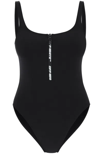 Off-white Black One-piece Swimsuit With Zipper And Logo For Women