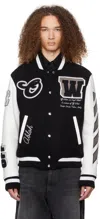 Off-white Leather And Wool Varsity Bomber In Black Black