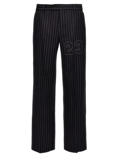 Off-white Black Pinstripe Trousers With Straight Leg Silhouette In Blue