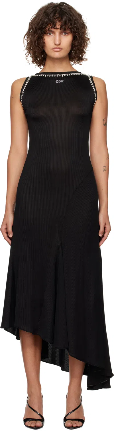 Off-white Ribbed Semi-transparent Backless Viscose Fiber Maxi Dress In Black