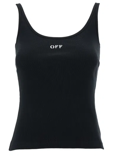 Off-white Black Ribbed Tank Top With Contrasting Logo Embroidery In Stretch Cotton Woman In Black/white