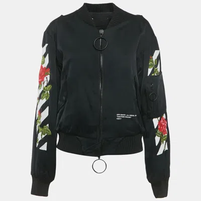 Off-white Black Rose And Arrow Embroidered Satin Bomber Jacket