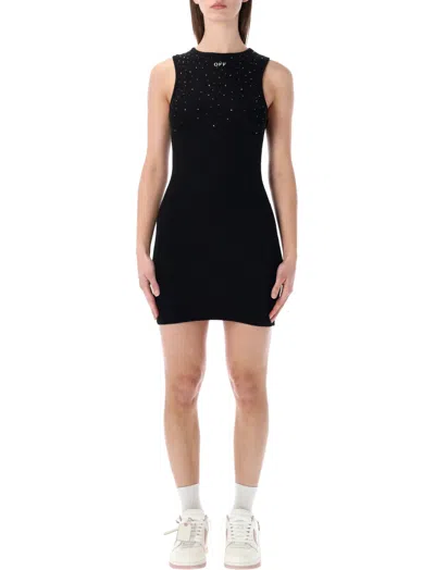 Off-white Ribbed Swarovski Crystal Slim Mini Dress In Black