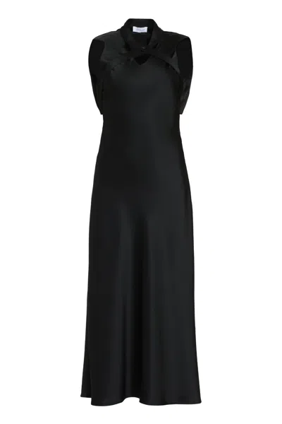 OFF-WHITE BLACK SATIN DRESS WITH DECORATIVE CROSS AND BACK CUT-OUT DETAIL