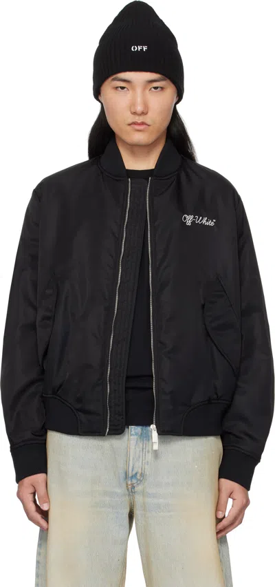 Off-white Black Script Varsity Bomber Jacket In Black - White