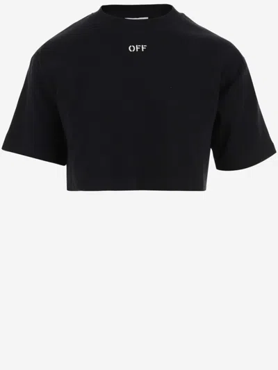 OFF-WHITE BLACK STRETCH COTTON CROP T-SHIRT WITH LOGO
