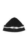 Off-white Ribbed Knit Hat With Ivory Stripe In Black
