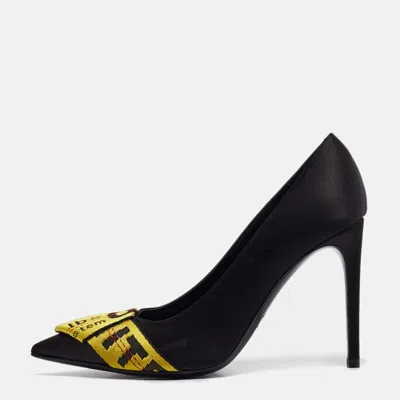 Pre-owned Off-white Black/yellow Satin And Logo Canvas Commercial Bow Pumps Size 38