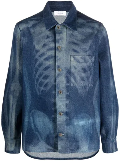 Off-white Blue Cotton Denim Shirt With All-over Body Scan Motif For Men In Light Blue