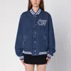 Off-white Embroidered Logo Denim Bomber Jacket In Deep Blue - True Blue