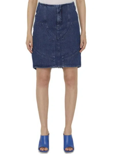 Off-white Blue Denim Motorcycle Skirt With Visible Stitching In Light Blue