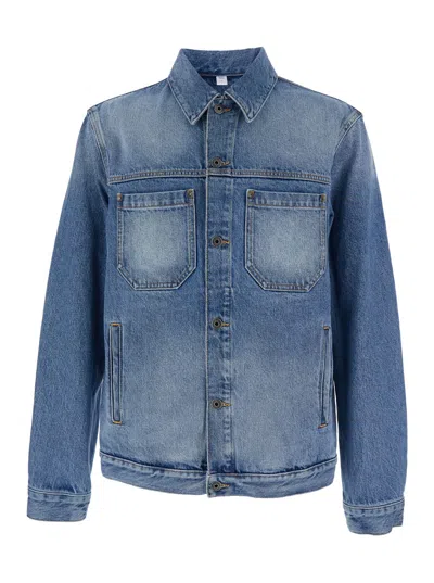 Off-white Blue Jacket With Classic Collar And Maxi Logo On The Back In Denim Man