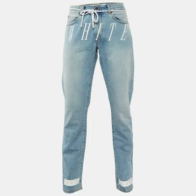 Pre-owned Off-white Blue Logo Print Denim Slim Fit Jeans Xl/waist 37"
