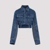 Off-white Cropped Denim Moto Jacket With Front Cutout In Blue