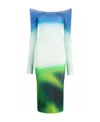 Off-white Off-the-shoulder Printed Stretch-knit Midi Dress In Green