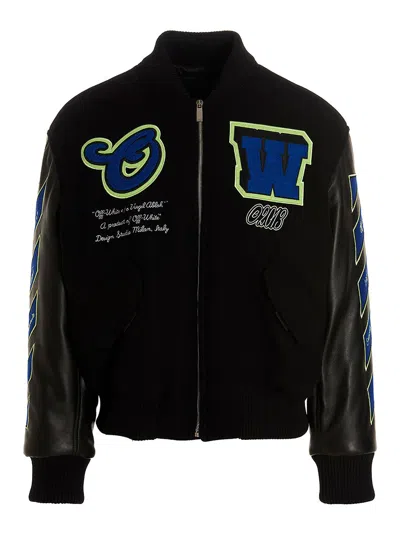 Off-white Varsity-style Bomber Jacket With Leather Sleeves In Black