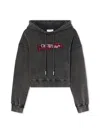 Off-white Cropped Black Hoodie With Red Tartan Patch