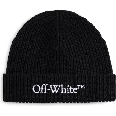 Off-white Bookish Embroidered Logo Classic Knit Beanie In Black - White