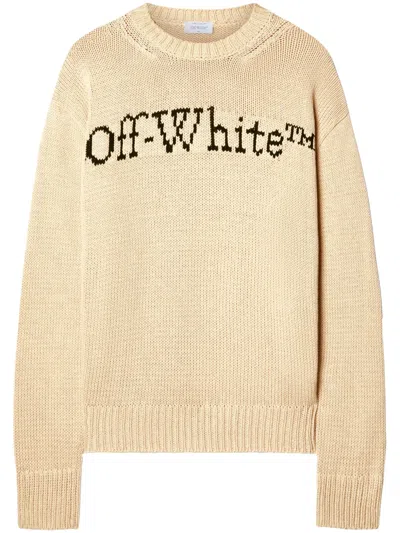 Off-white Relaxed Fit Beige Sweater With Ribbed Neckline In Brown