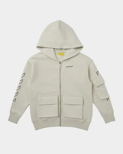 Off-white Kids' Boy's Bookish Diagonal Zip-front Hoodie In Gray